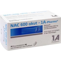 Weiße Medikamentenverpackung mit der Aufschrift "NAC 600 akut" und blauer Lungengrafik.