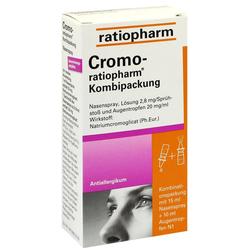 Eine Packung mit Nasenspray und Augentropfen gegen Allergien.
