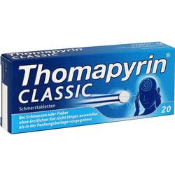 Blaue Medikamentenpackung mit der Aufschrift "Thomapyrin Classic" für Schmerzen.