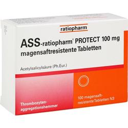 Weiße Schachtel mit Aufschrift "ASS-ratiopharm PROTECT 100 mg" in Schwarz und Rot.