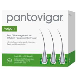 Verpackung eines Nahrungsergänzungsmittels gegen Haarausfall, vegan und für Frauen.